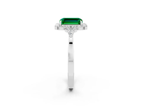 White gold Emerald Cut Emerald Halo Ring with Pear Side Stones and Prong Setting_26