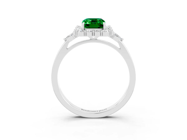 Platinum Emerald Cut Emerald Halo Ring with Pear Side Stones and Prong Setting