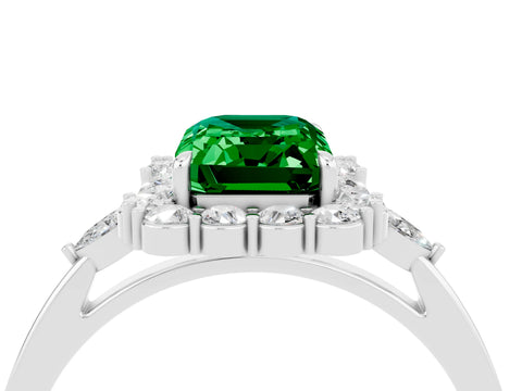 White gold Emerald Cut Emerald Halo Ring with Pear Side Stones and Prong Setting_28