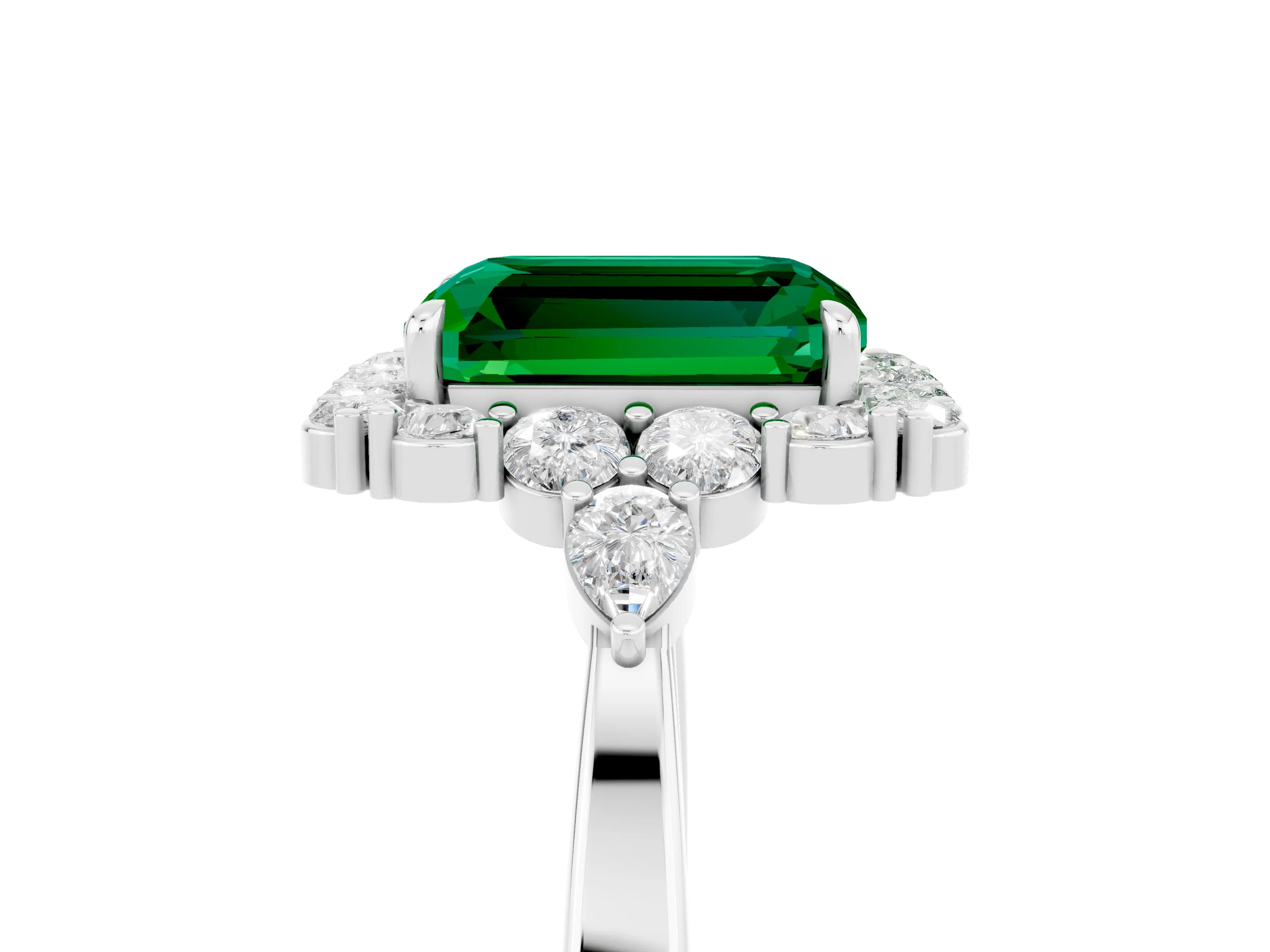 White gold Emerald Cut Emerald Halo Ring with Pear Side Stones and Prong Setting_29