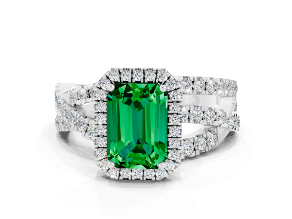Platinum Emerald Cut Emerald Halo Ring with Round Split Shank and Prong Setting