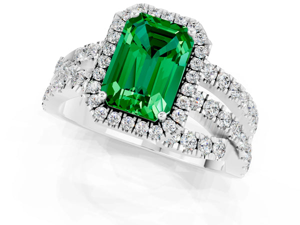 White gold Emerald Cut Emerald Halo Ring with Round Split Shank and Prong Setting