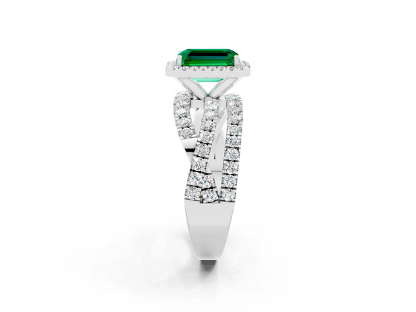 Platinum Emerald Cut Emerald Halo Ring with Round Split Shank and Prong Setting