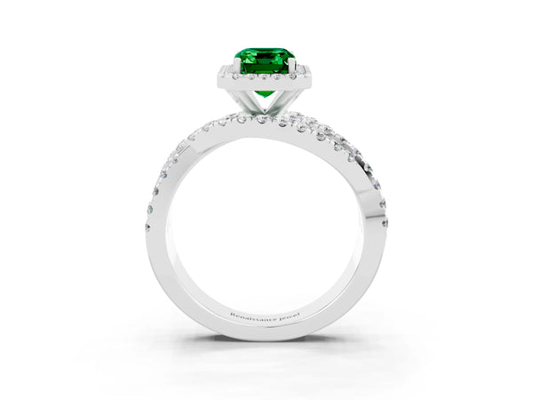Platinum Emerald Cut Emerald Halo Ring with Round Split Shank and Prong Setting