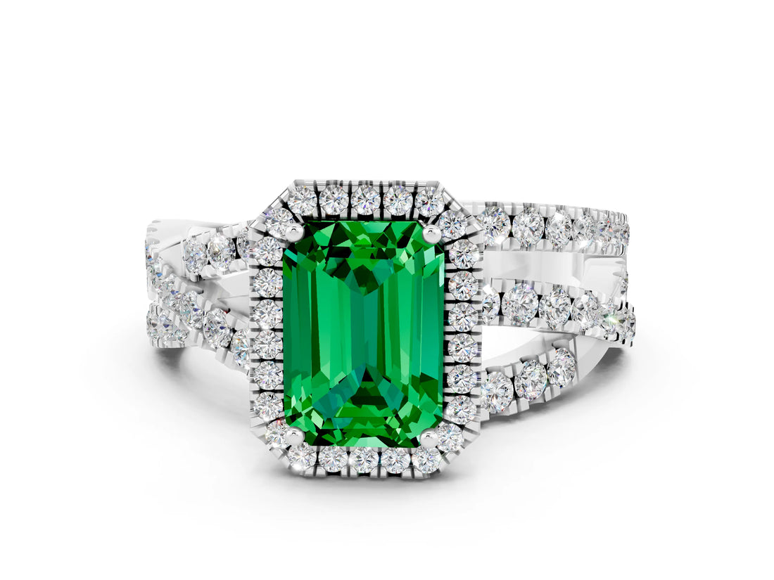 White gold Emerald Cut Emerald Halo Ring with Round Split Shank and Prong Setting_60