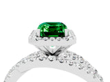 White gold Emerald Cut Emerald Halo Ring with Round Split Shank and Prong Setting_64