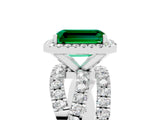 White gold Emerald Cut Emerald Halo Ring with Round Split Shank and Prong Setting_65