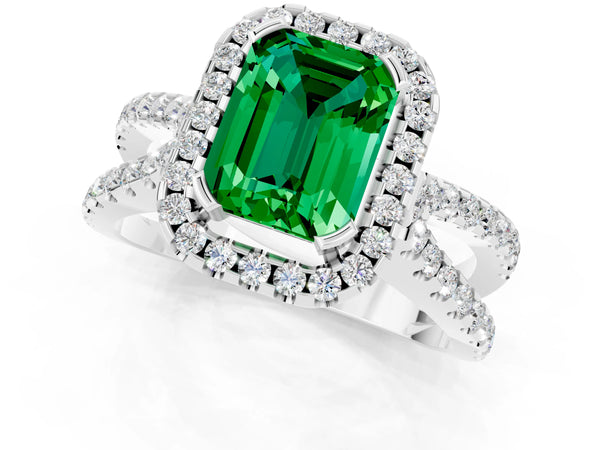 Platinum Emerald Cut Emerald Halo Ring with Split Shank Pavé Band and Prong Setting
