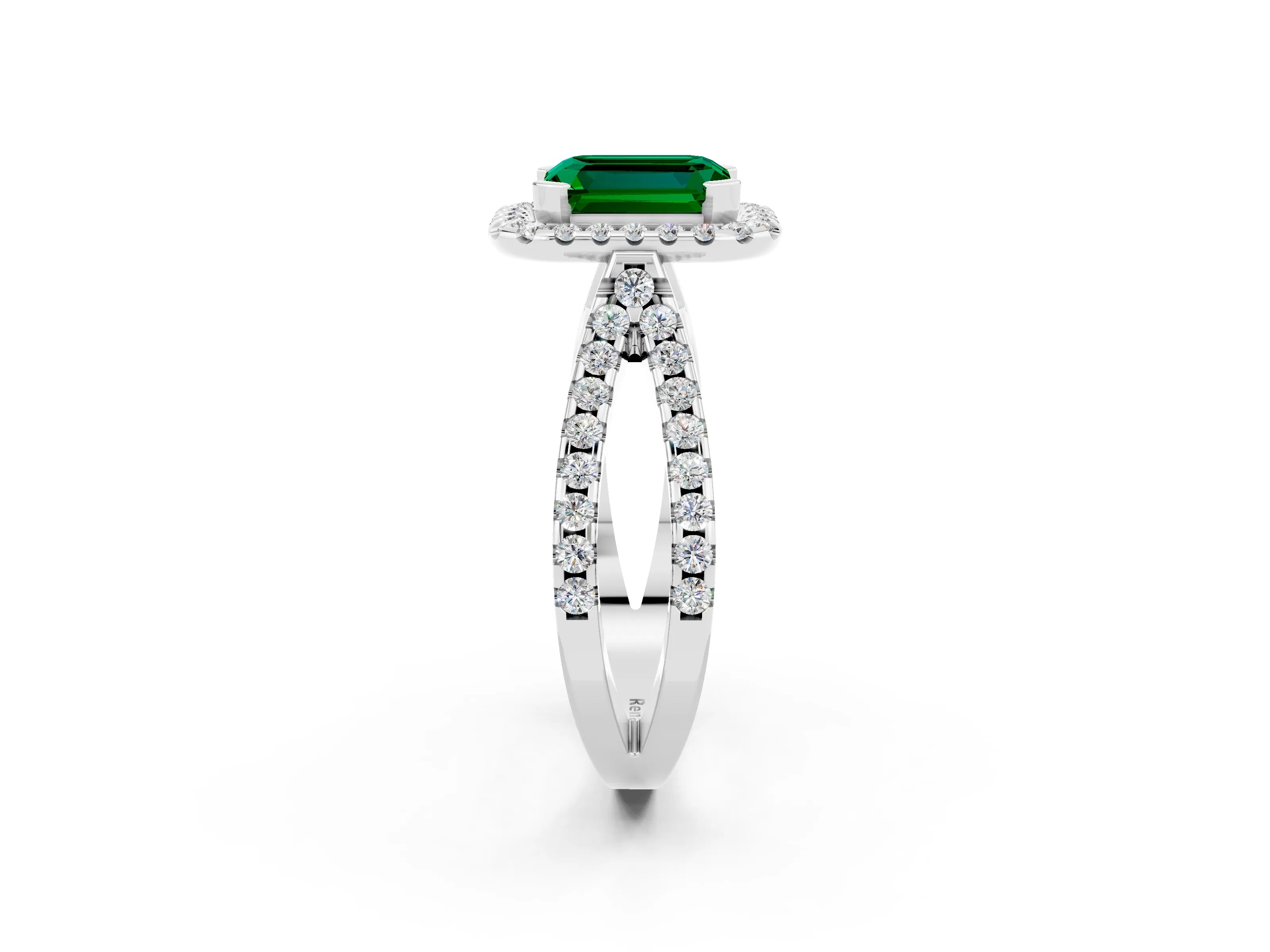 White gold Emerald Cut Emerald Halo Ring with Split Shank Pavé Band and Prong Setting_2