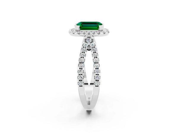 Silver Emerald Cut Emerald Halo Ring with Split Shank Pavé Band and Prong Setting