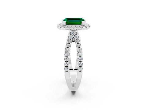 White gold Emerald Cut Emerald Halo Ring with Split Shank Pavé Band and Prong Setting_2