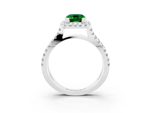 White gold Emerald Cut Emerald Halo Ring with Split Shank Pavé Band and Prong Setting