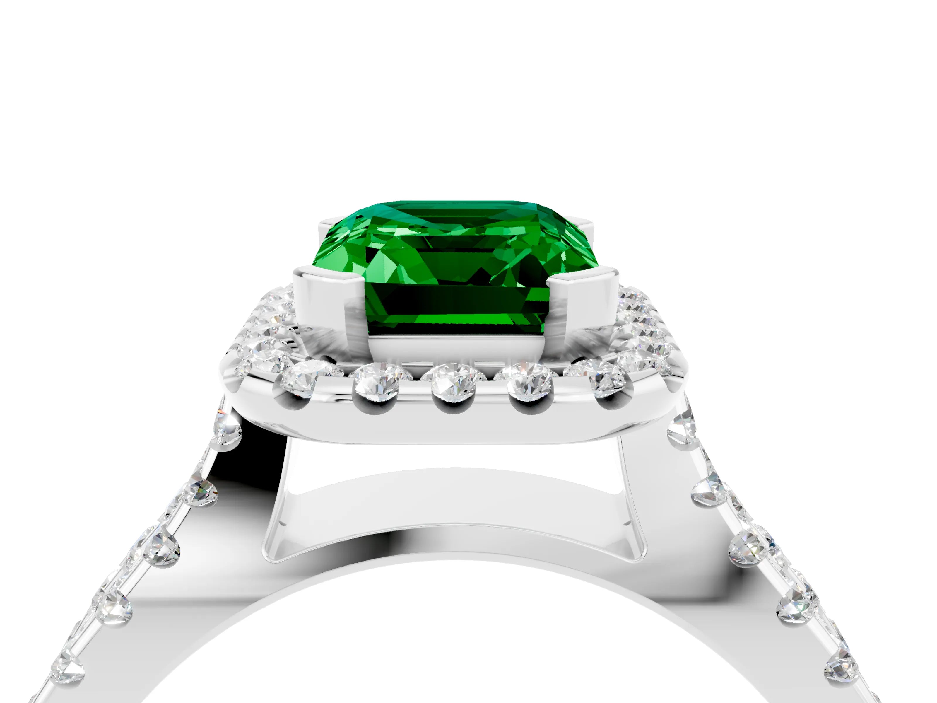 White gold Emerald Cut Emerald Halo Ring with Split Shank Pavé Band and Prong Setting_4