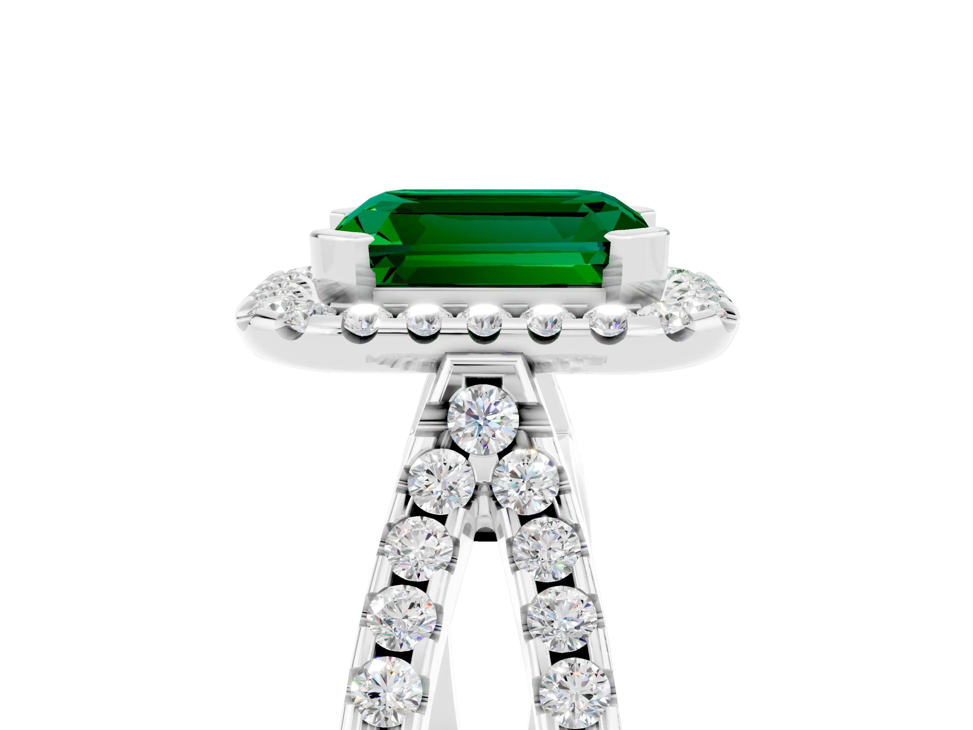 White gold Emerald Cut Emerald Halo Ring with Split Shank Pavé Band and Prong Setting_5