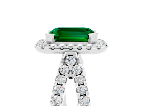 White gold Emerald Cut Emerald Halo Ring with Split Shank Pavé Band and Prong Setting_5
