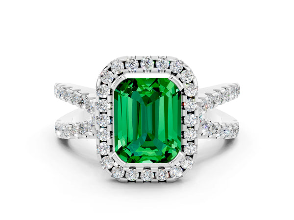 Silver Emerald Cut Emerald Halo Ring with Split Shank Pavé Band and Prong Setting