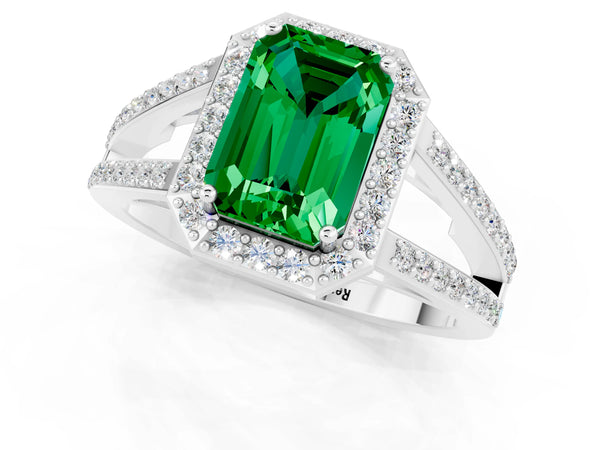 White gold Emerald Cut Emerald Halo Ring with Split Shank U-Prong Band and Four-Prong Setting