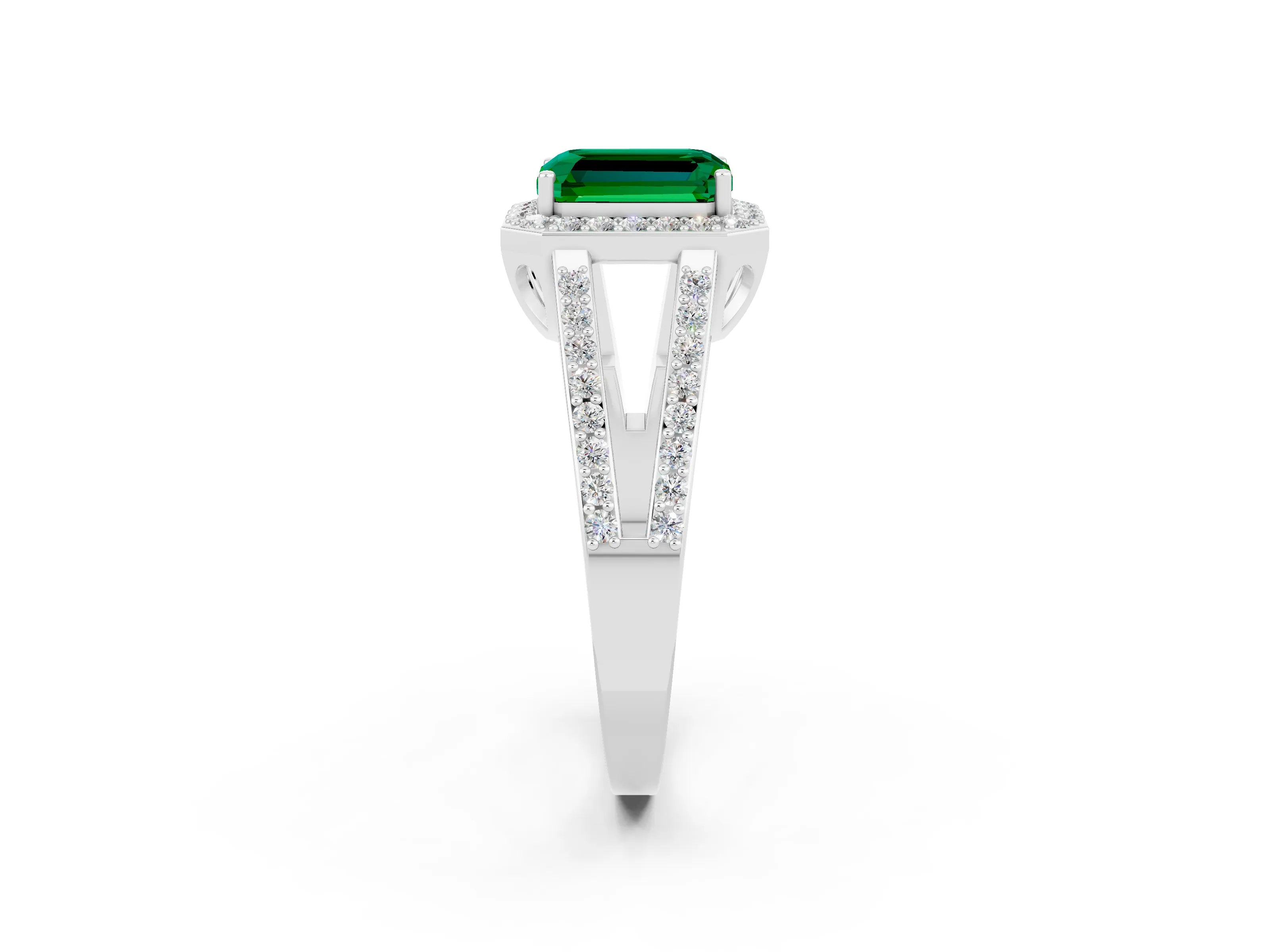 White gold Emerald Cut Emerald Halo Ring with Split Shank U-Prong Band and Four-Prong Setting_2
