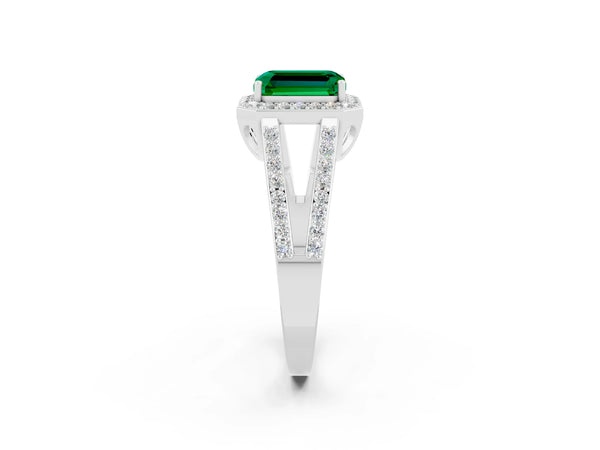 White gold Emerald Cut Emerald Halo Ring with Split Shank U-Prong Band and Four-Prong Setting