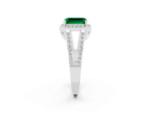 White gold Emerald Cut Emerald Halo Ring with Split Shank U-Prong Band and Four-Prong Setting_2