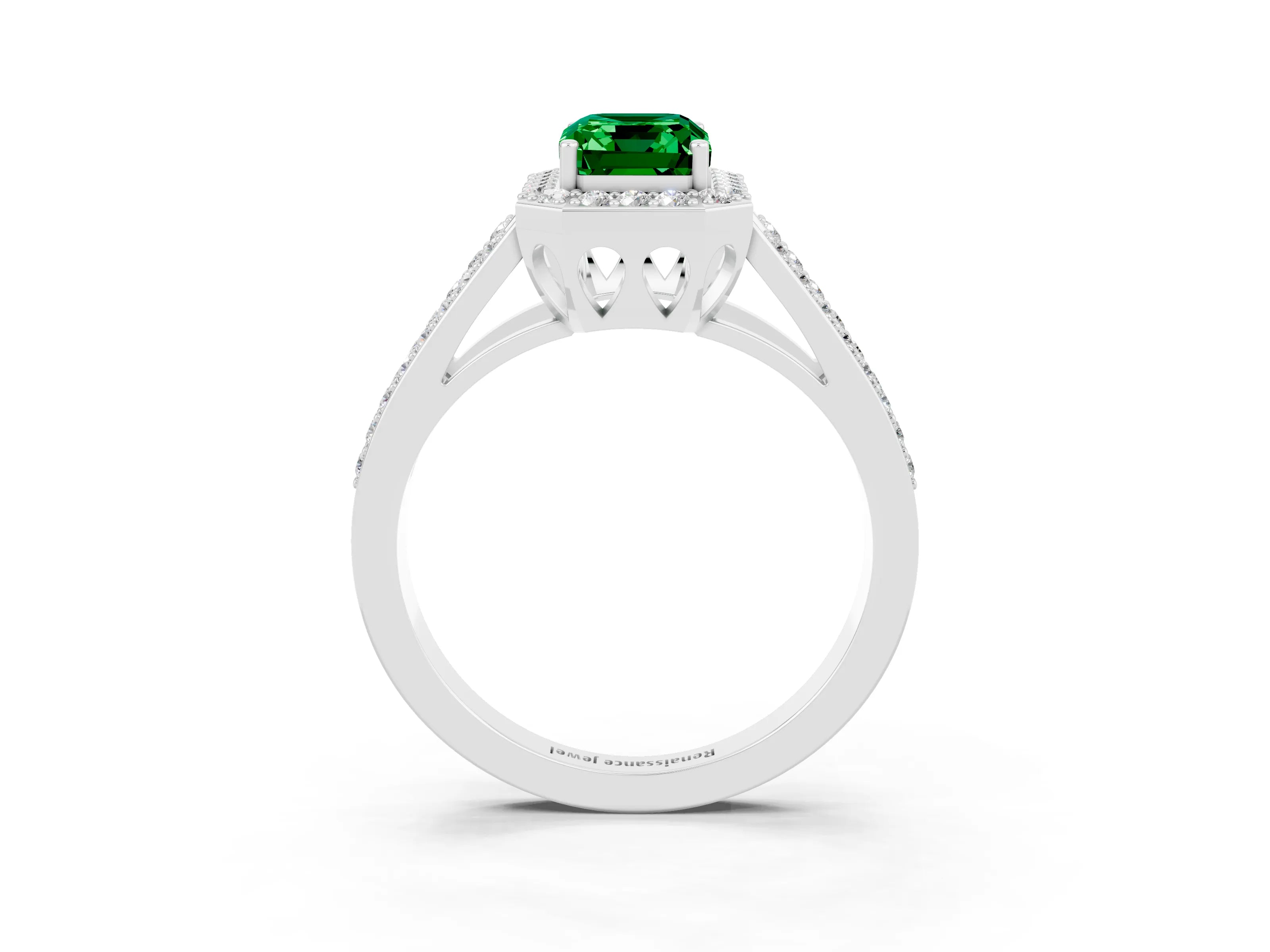 White gold Emerald Cut Emerald Halo Ring with Split Shank U-Prong Band and Four-Prong Setting_3