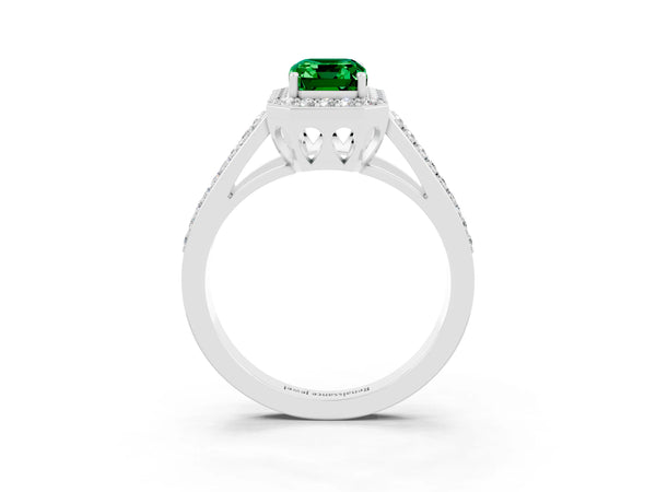 White gold Emerald Cut Emerald Halo Ring with Split Shank U-Prong Band and Four-Prong Setting