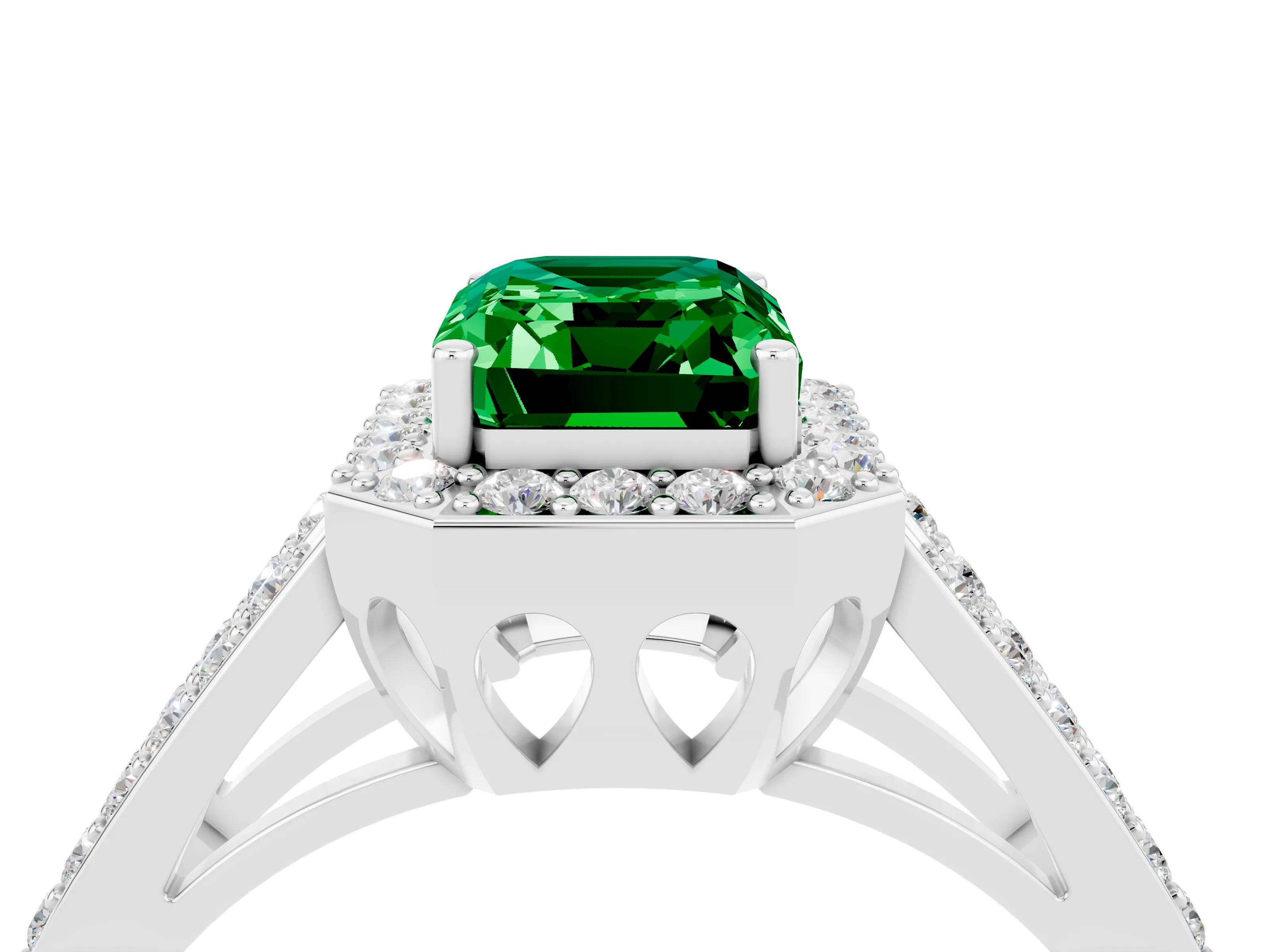 White gold Emerald Cut Emerald Halo Ring with Split Shank U-Prong Band and Four-Prong Setting_4