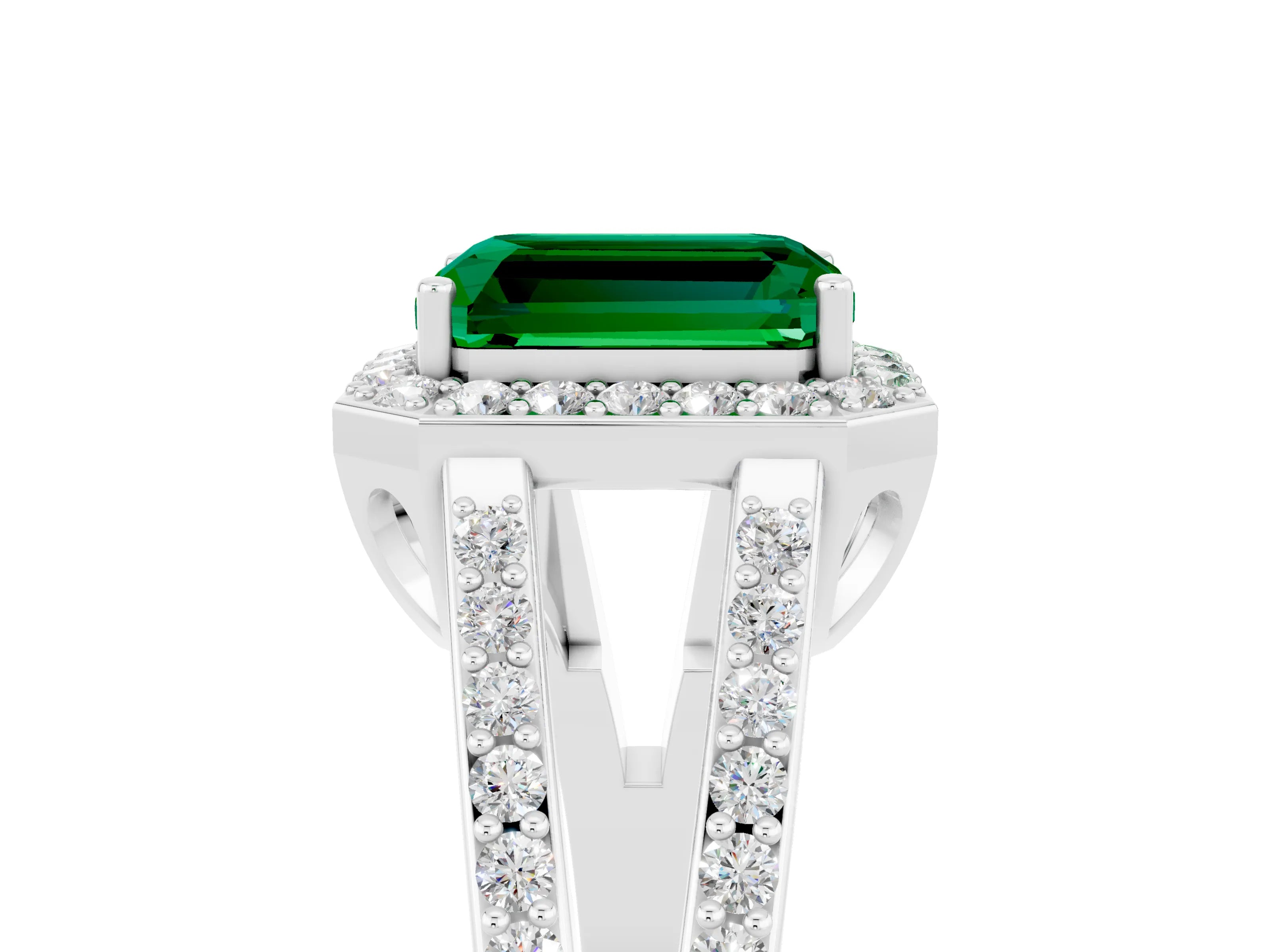White gold Emerald Cut Emerald Halo Ring with Split Shank U-Prong Band and Four-Prong Setting_5
