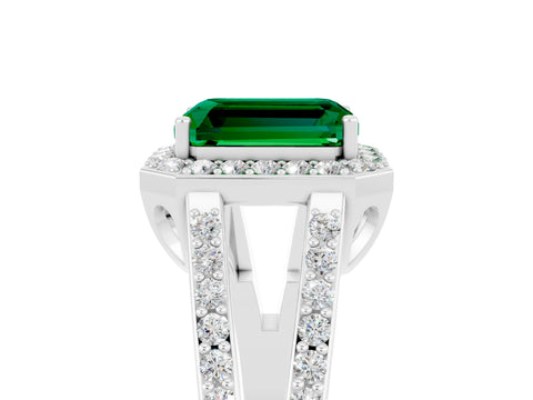White gold Emerald Cut Emerald Halo Ring with Split Shank U-Prong Band and Four-Prong Setting_5