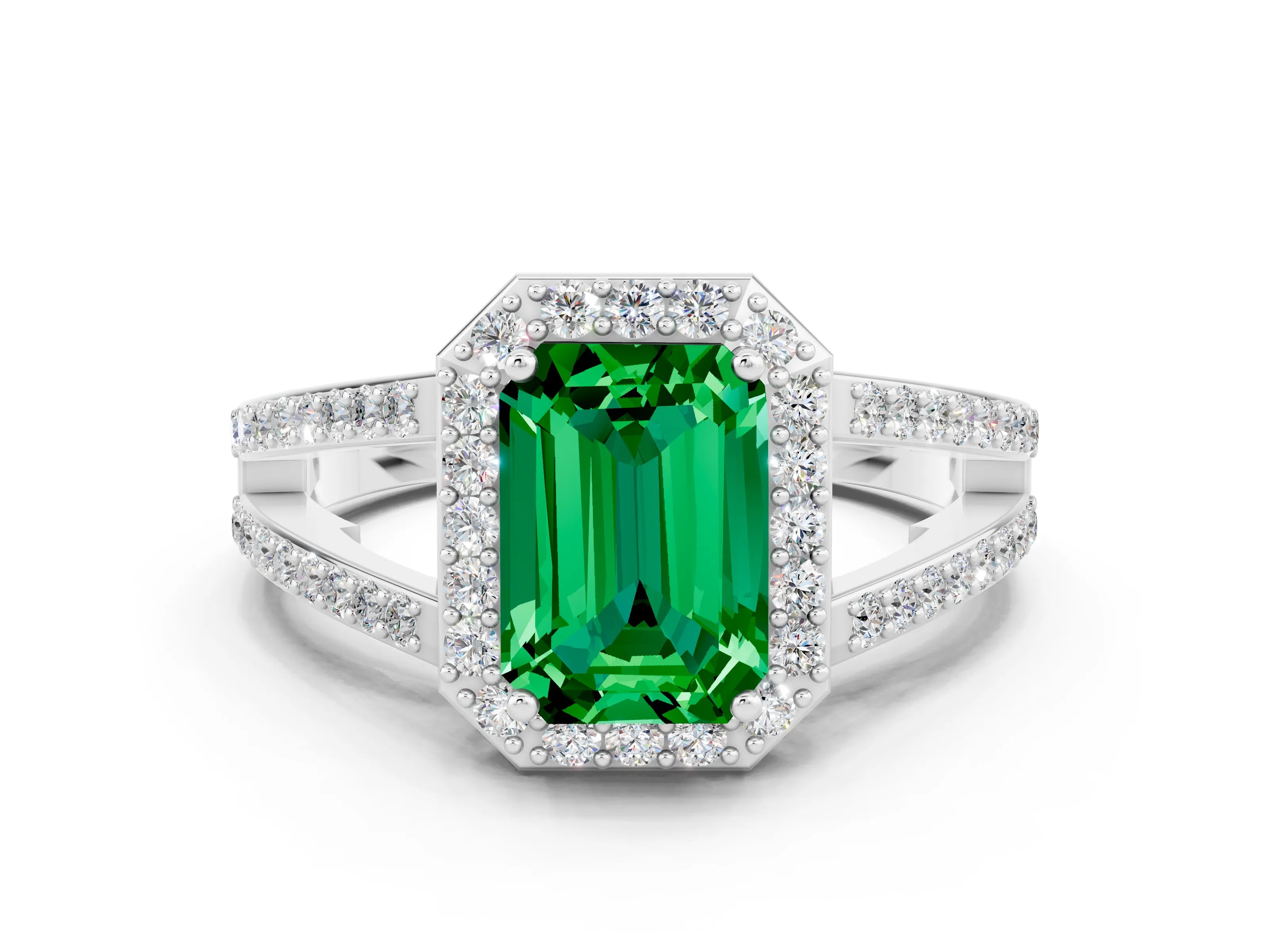 White gold Emerald Cut Emerald Halo Ring with Split Shank U-Prong Band and Four-Prong Setting