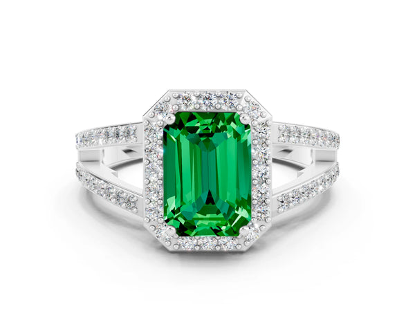 Silver Emerald Cut Emerald Halo Ring with Split Shank U-Prong Band and Four-Prong Setting