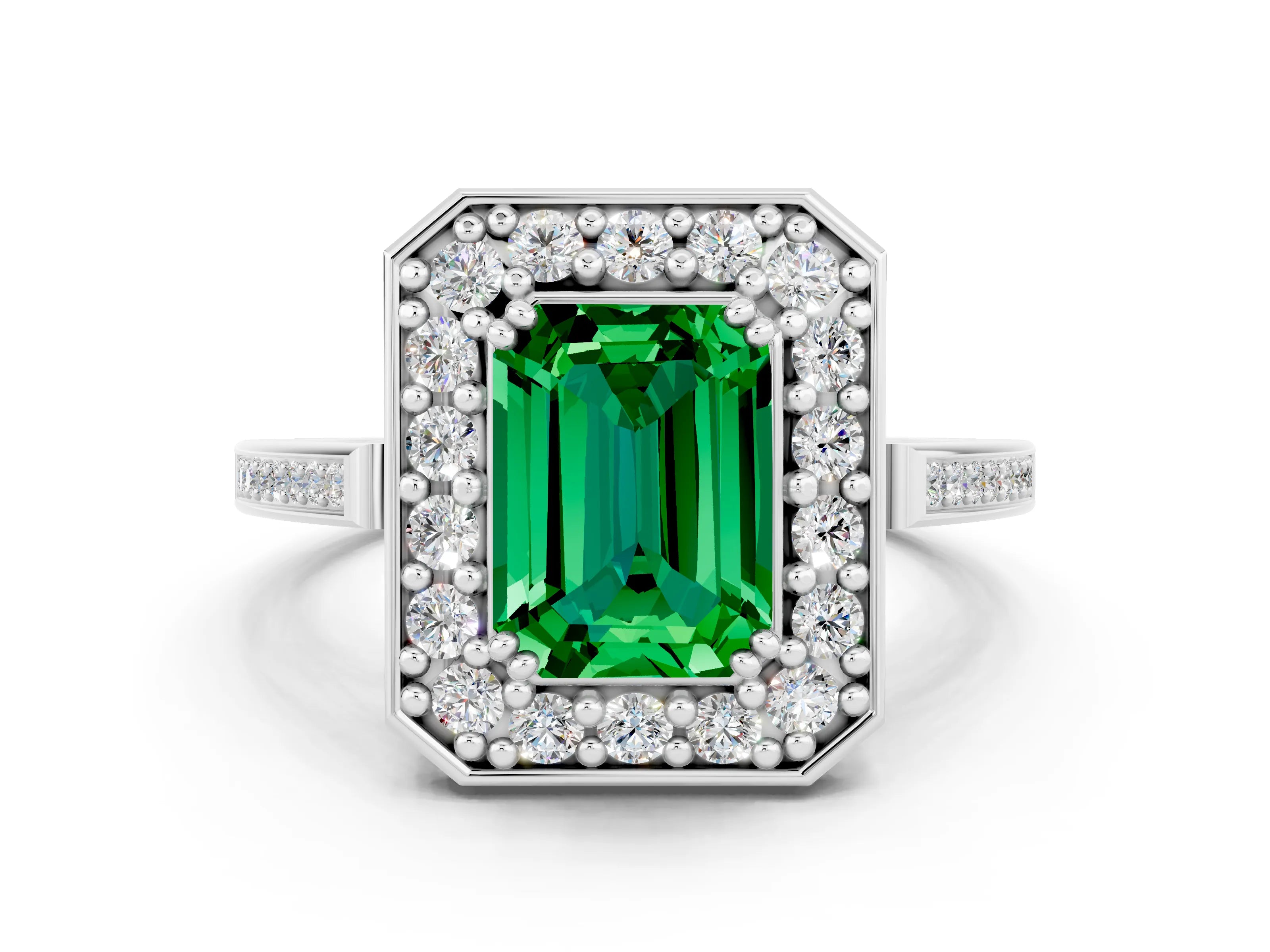 White gold Emerald Cut Emerald Halo Ring with Split Shank and Four-Prong Setting_12