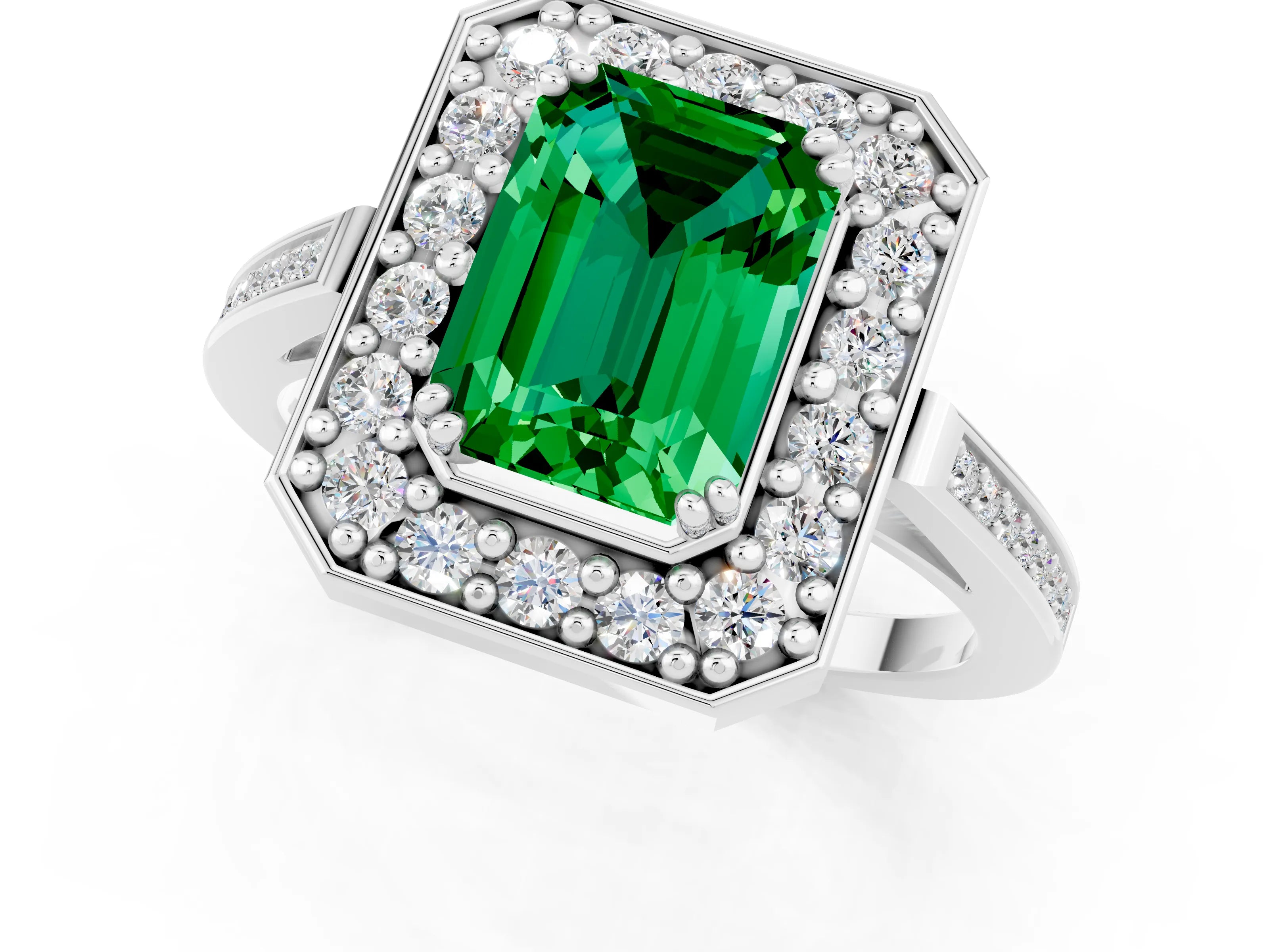 White gold Emerald Cut Emerald Halo Ring with Split Shank and Four-Prong Setting_13