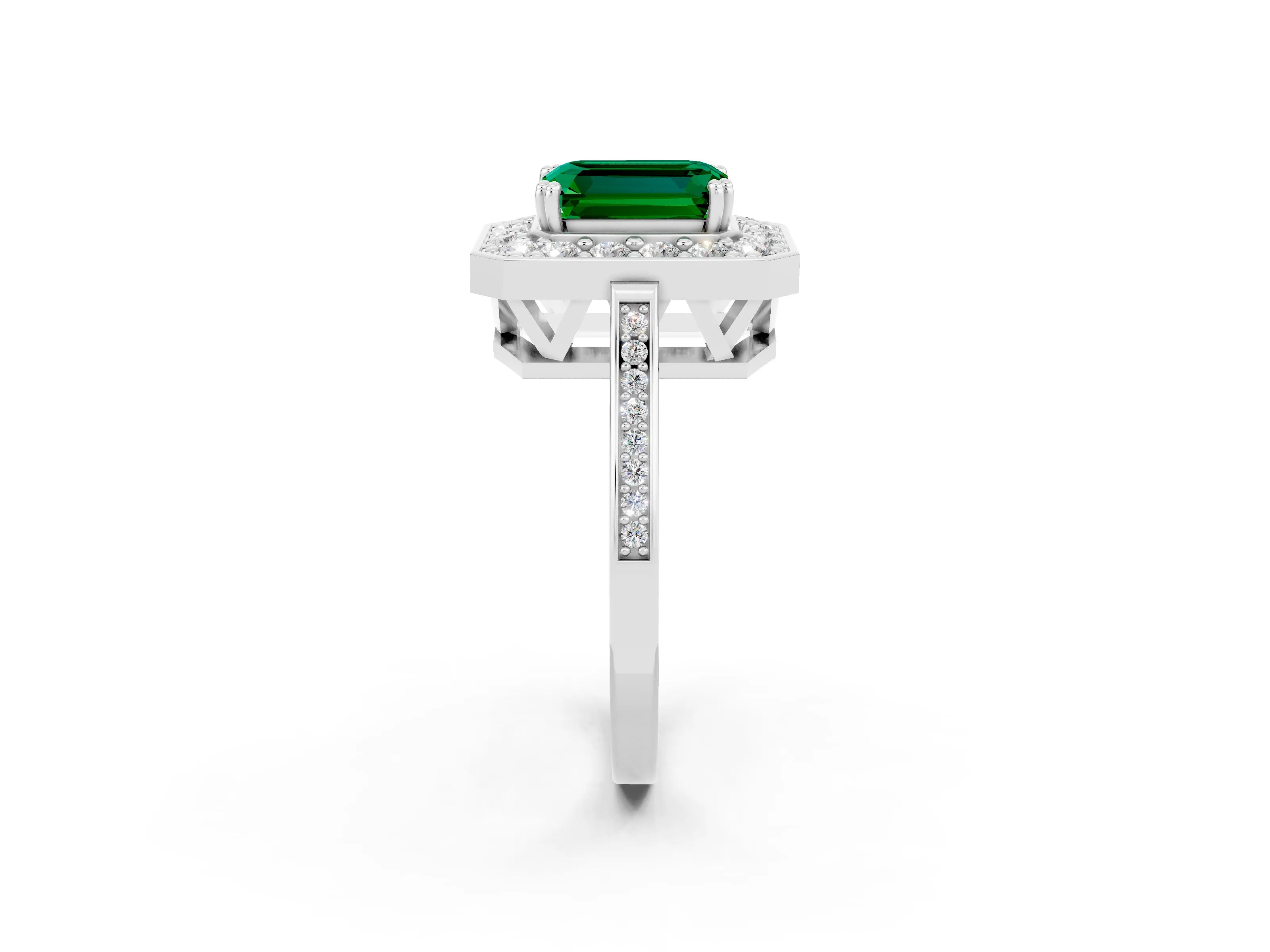 White gold Emerald Cut Emerald Halo Ring with Split Shank and Four-Prong Setting_14