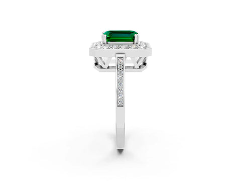 White gold Emerald Cut Emerald Halo Ring with Split Shank and Four-Prong Setting_14