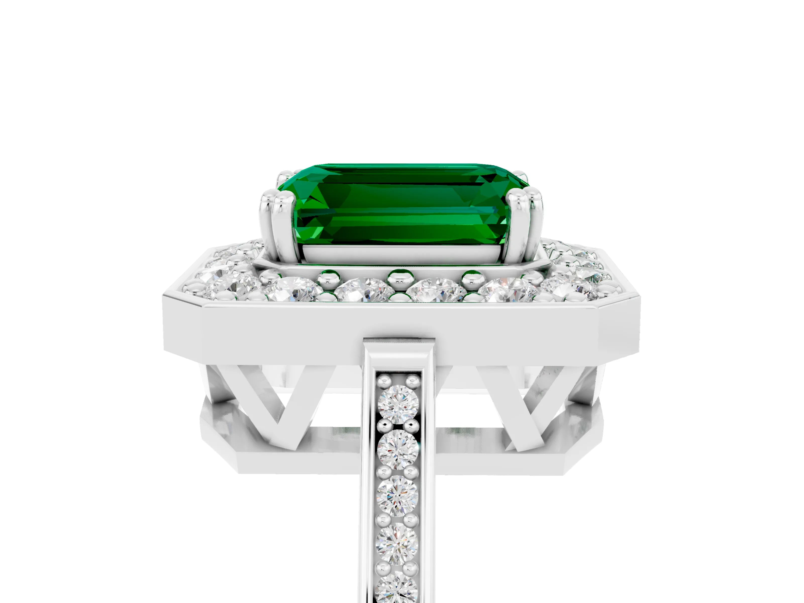 White gold Emerald Cut Emerald Halo Ring with Split Shank and Four-Prong Setting_17