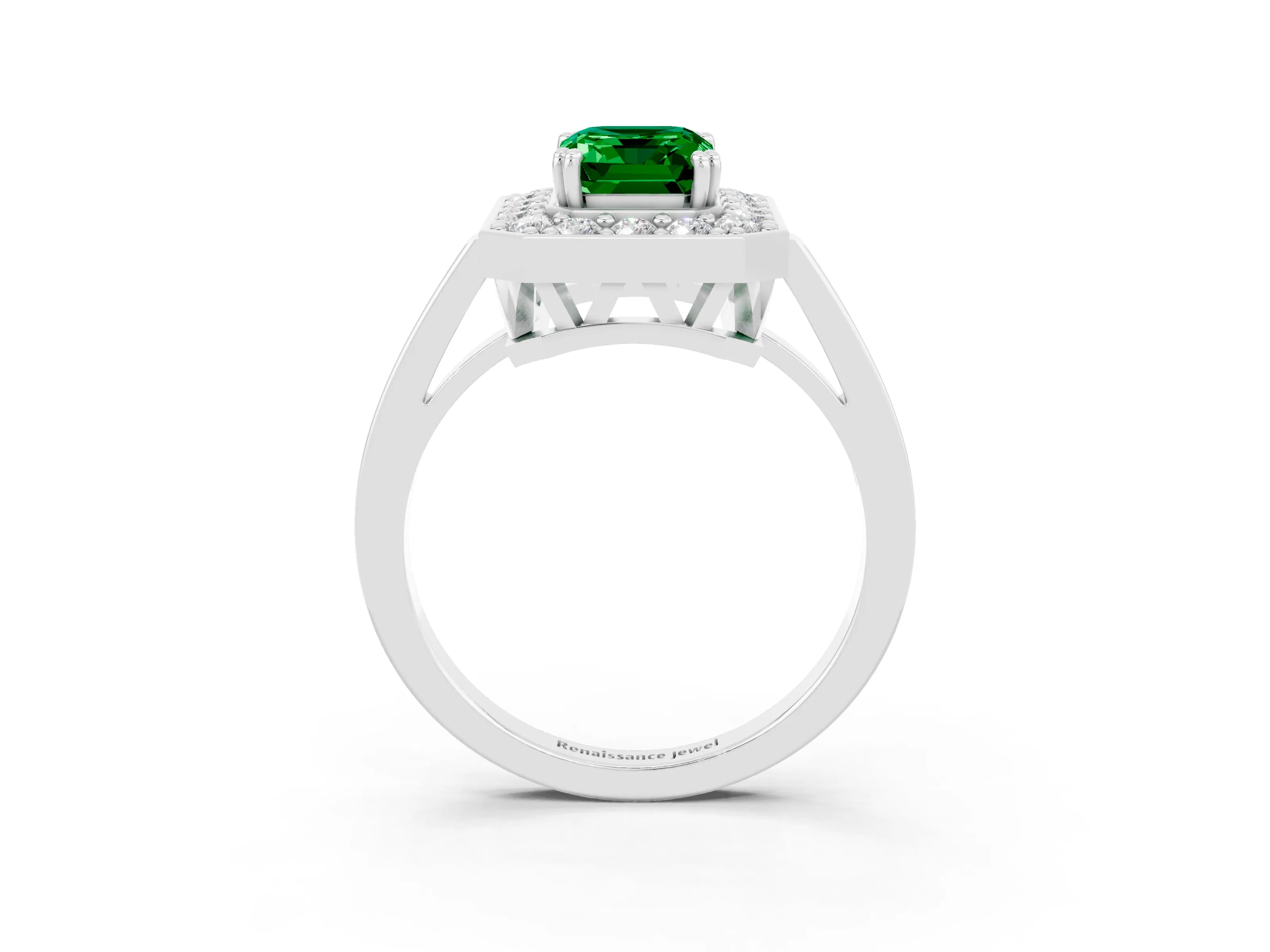 White gold Emerald Cut Emerald Halo Ring with Split Shank and Four-Prong Setting_3