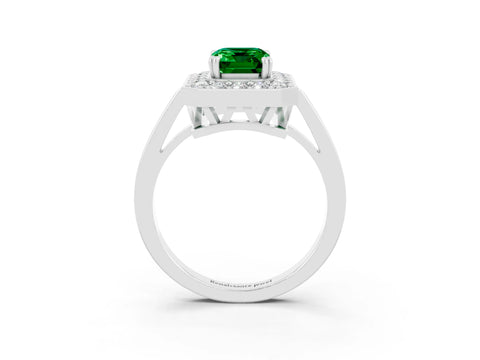 White gold Emerald Cut Emerald Halo Ring with Split Shank and Four-Prong Setting_3