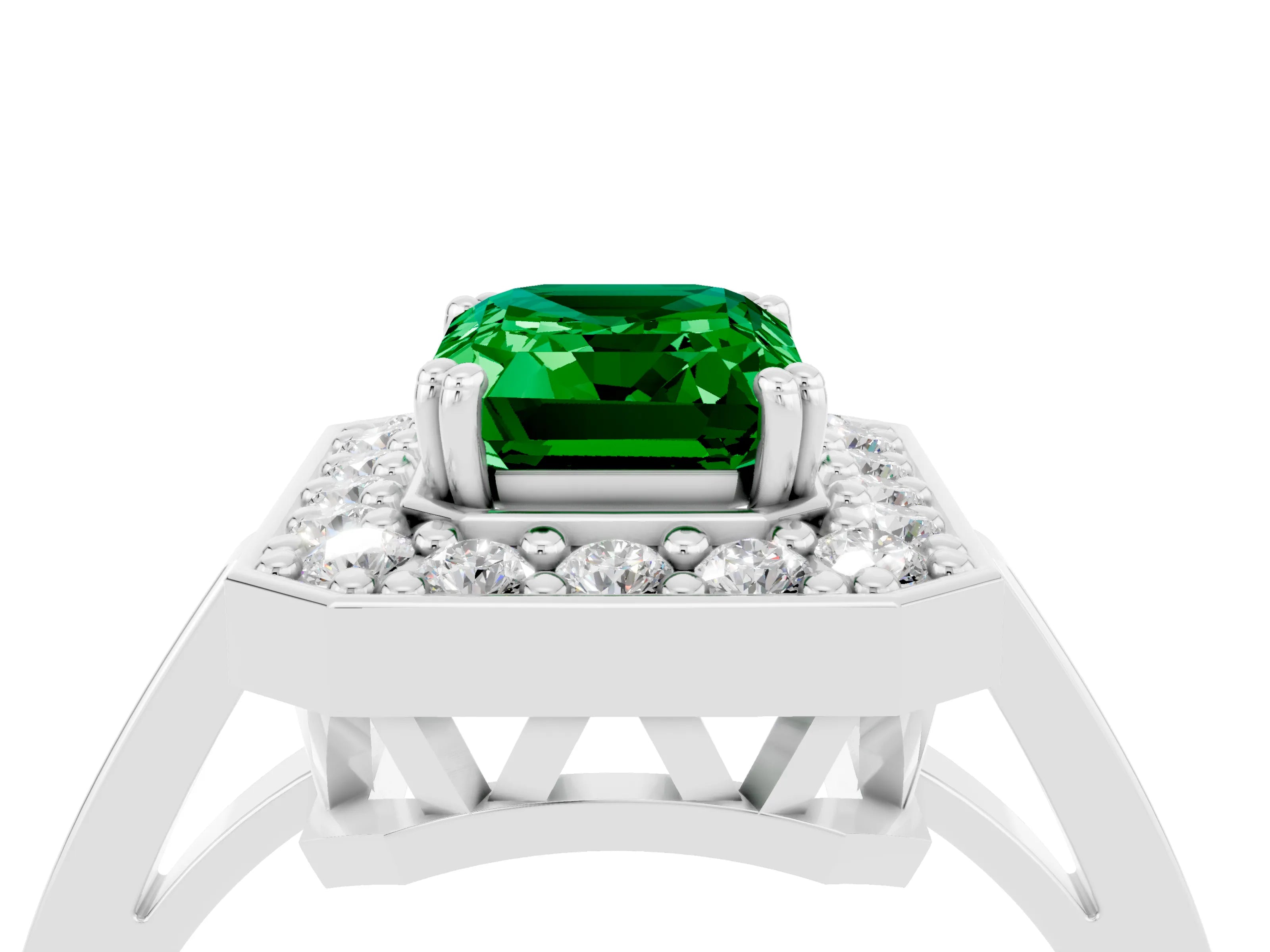 White gold Emerald Cut Emerald Halo Ring with Split Shank and Four-Prong Setting_4