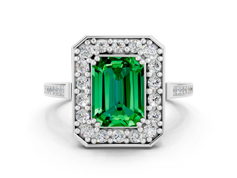 White gold Emerald Cut Emerald Halo Ring with Split Shank and Four-Prong Setting
