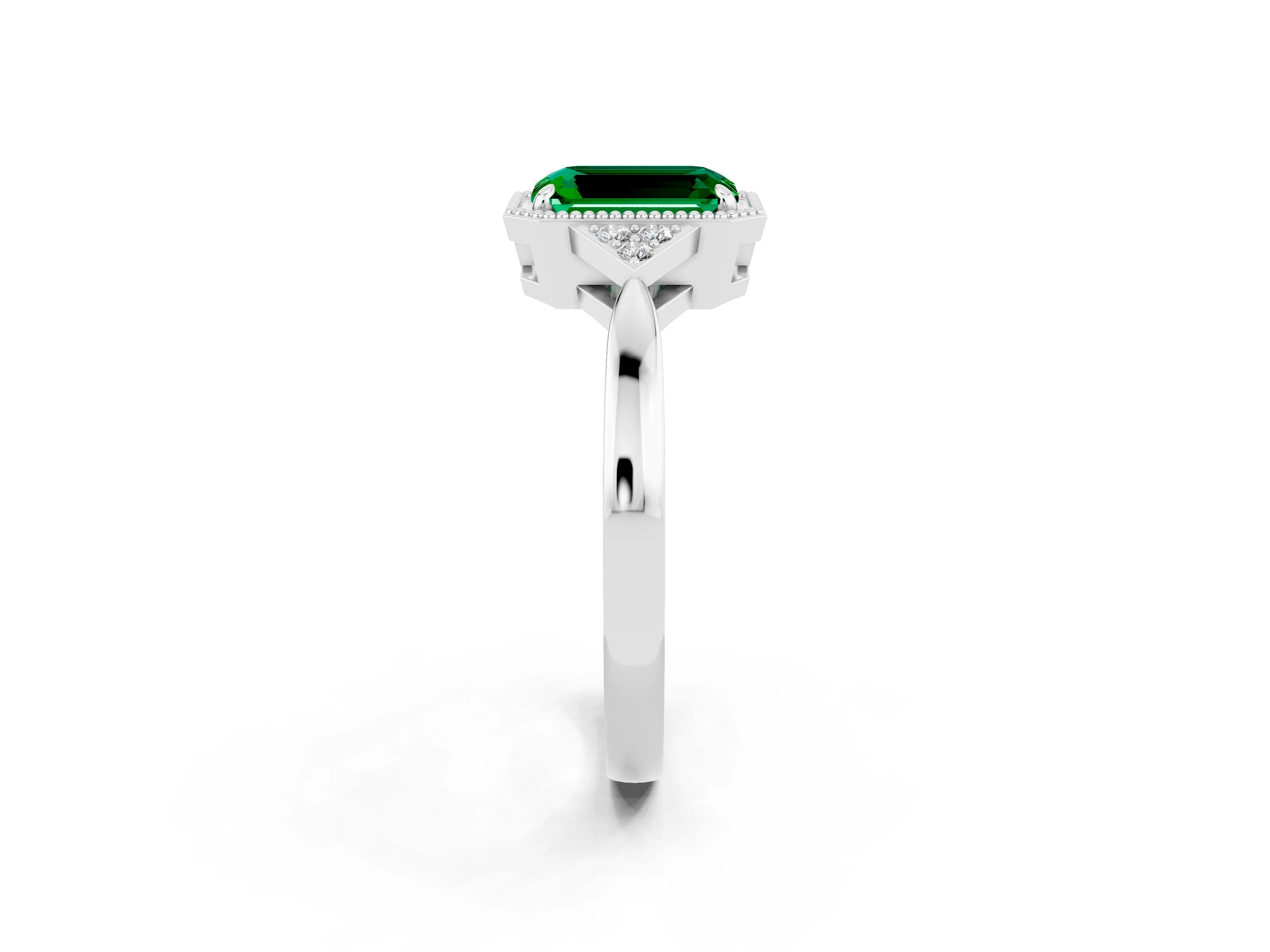White gold Emerald Cut Emerald Halo Ring with Tapered Band and Four-Prong Setting_2