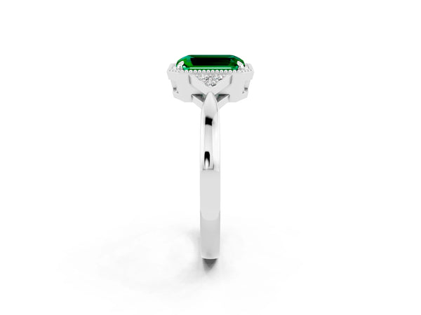 White gold Emerald Cut Emerald Halo Ring with Tapered Band and Four-Prong Setting