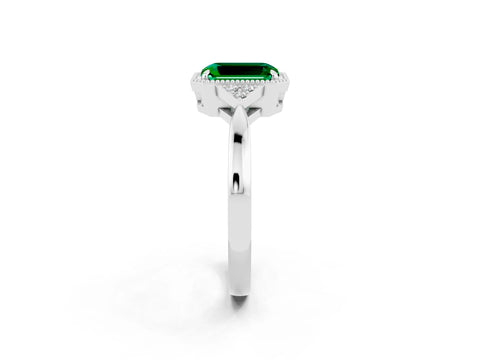 White gold Emerald Cut Emerald Halo Ring with Tapered Band and Four-Prong Setting_2