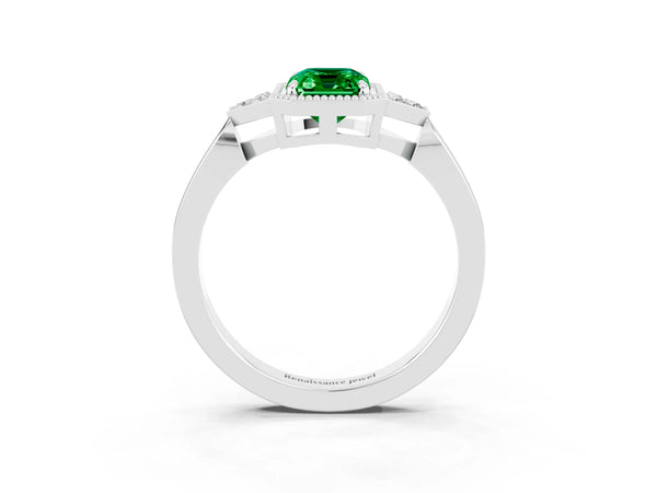 Platinum Emerald Cut Emerald Halo Ring with Tapered Band and Four-Prong Setting