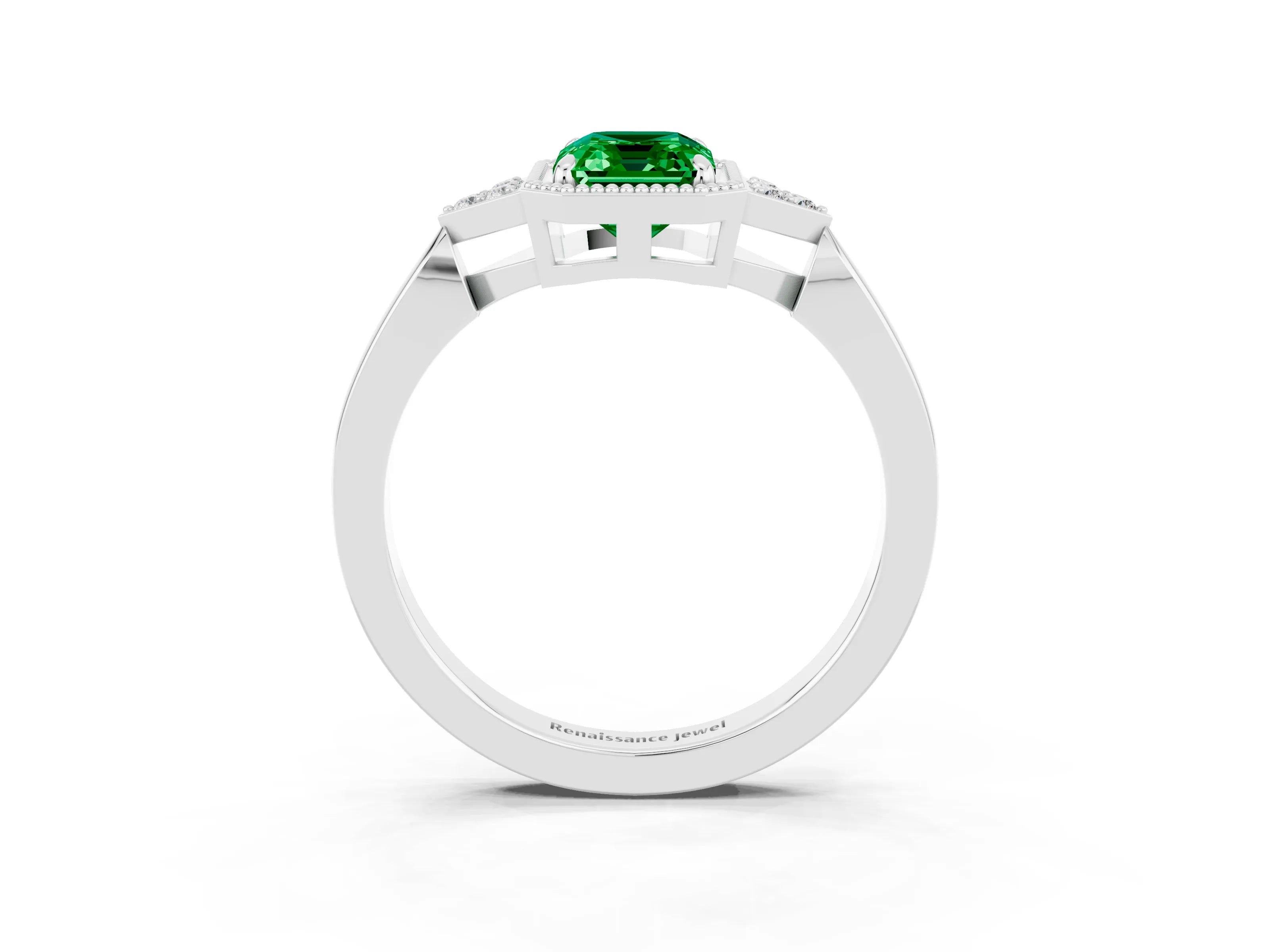 White gold Emerald Cut Emerald Halo Ring with Tapered Band and Four-Prong Setting_3