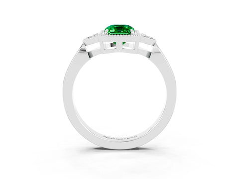 White gold Emerald Cut Emerald Halo Ring with Tapered Band and Four-Prong Setting_3