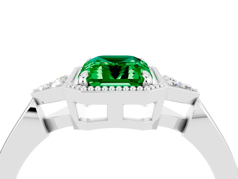 White gold Emerald Cut Emerald Halo Ring with Tapered Band and Four-Prong Setting_4