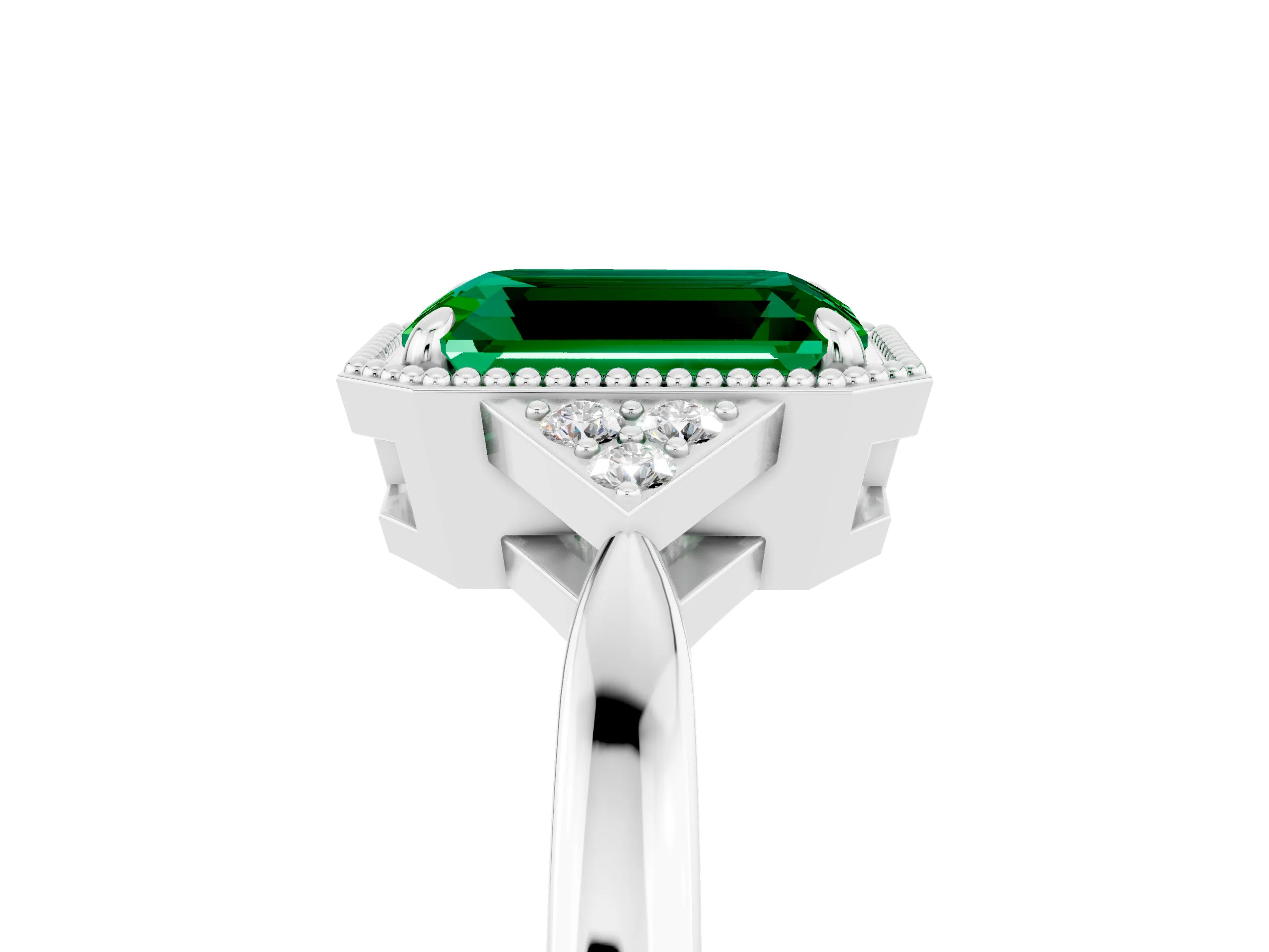 White gold Emerald Cut Emerald Halo Ring with Tapered Band and Four-Prong Setting_5