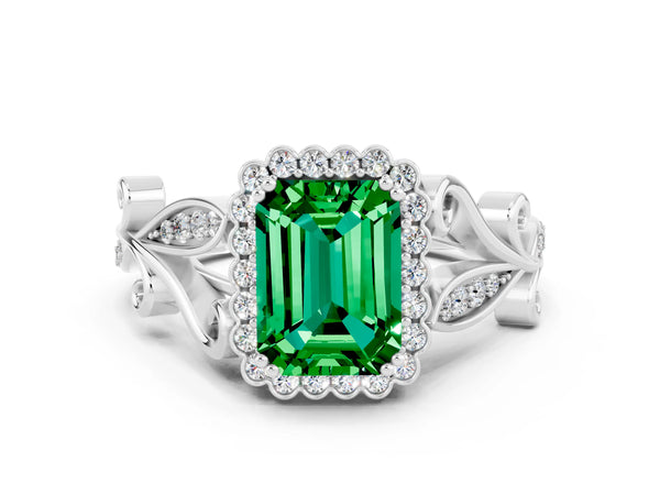 Platinum Emerald Cut Emerald Halo Ring with Vintage Split Shank and Four-Prong Setting