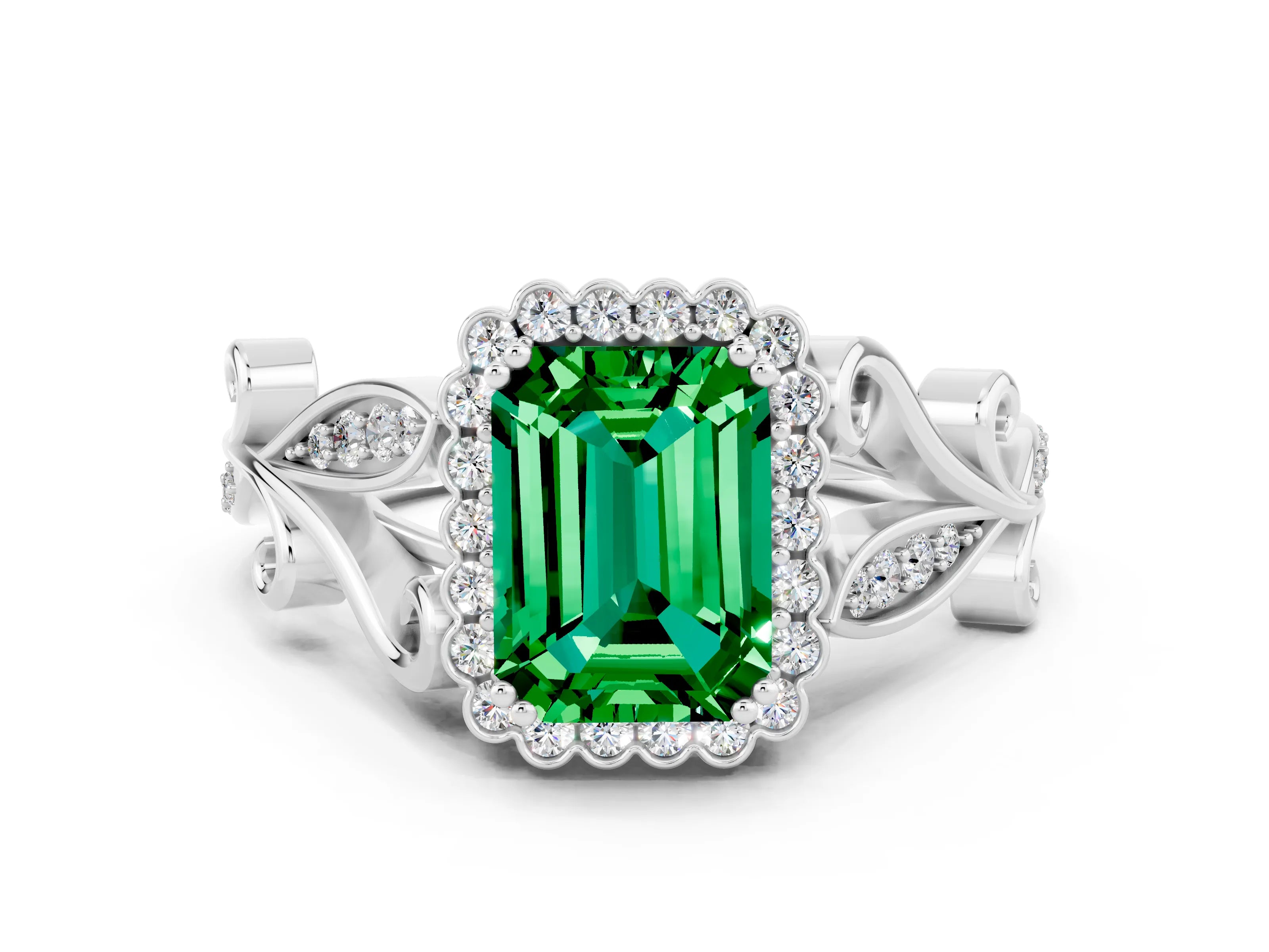 White gold Emerald Cut Emerald Halo Ring with Vintage Split Shank and Four-Prong Setting_24